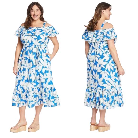 Draper James Sapphire Blue Eyelet Off The Shoulder Midi Flounce Dress - Picture 2 of 12